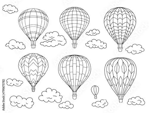 Balloons travel sky transport graphics hand drawn coloring clouds nature dreams lightness on a white background set