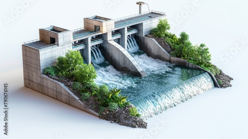 A model of a dam with a river flowing through it