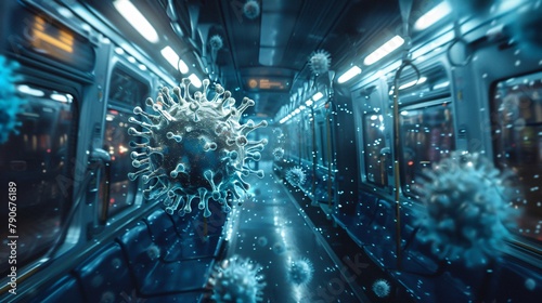 A subway train car with glowing blue virus particles