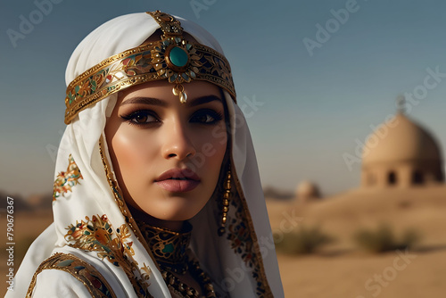 Arabian girl wearing traditional Arabian dress and a decorative Arabian mask.