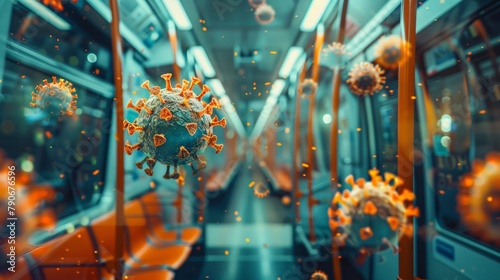 Orange virus particles floating in the air in a subway car photo
