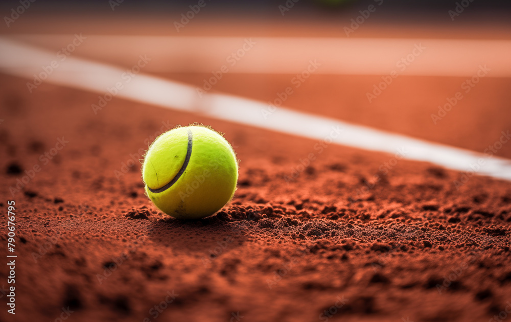 Create an atmospheric scene featuring a close-up photograph of a tennis ball lying still on the clay court.