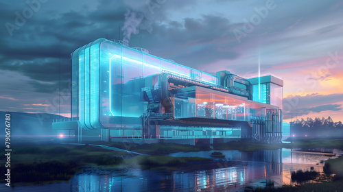 illustration of a futuristic cold fusion power plant, representing the pinnacle of clean energy technology. The power plant is a sleek, modern structure