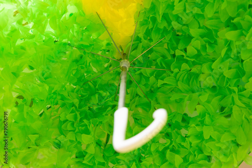 a close up of a green umbrella with a white letter l on it