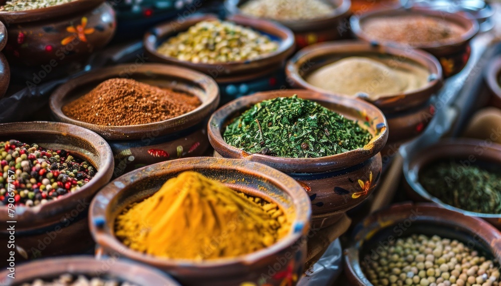Colorful assortment of spices in market bowls