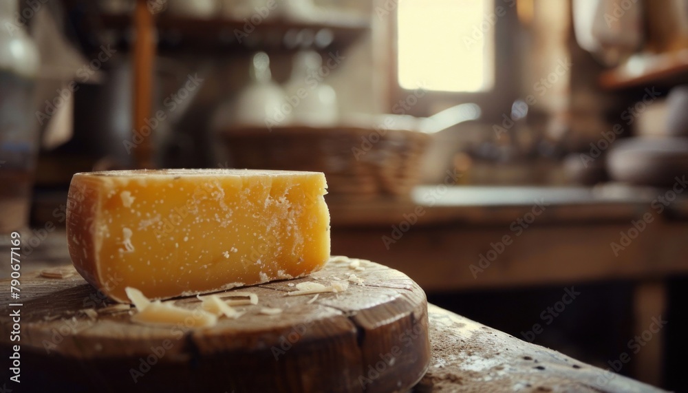 Artisan cheese on wooden cutting board in rustic kitchen
