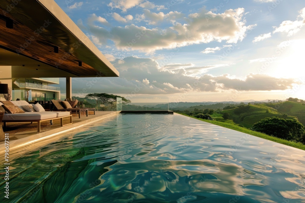 Luxurious contemporary home with infinity pool offering stunning views of a serene sunset landscape