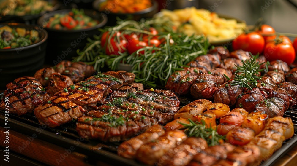 A composition highlighting gourmet grilled meat selections arranged on a stylish buffet table A composition highlighting gourmet grilled meat selections arranged on a stylish buffet table