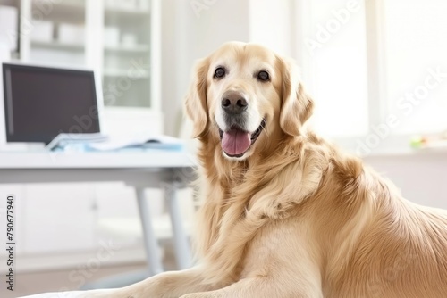 A golden retriever relaxes on the floor in front of a computer desk in a well-lit room