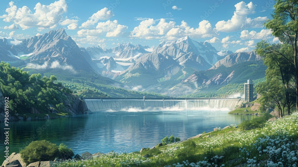 A beautiful mountain landscape with a large body of water and a waterfall