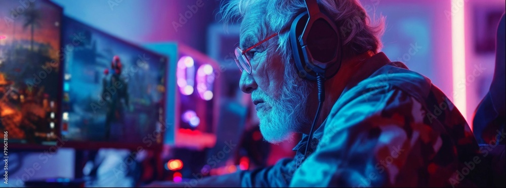 An old man with gray hair and futuristic glasses playing video games on his gaming pc in the background, neon lights, purple blue and orange color grading, cyberpunk style, close up shot