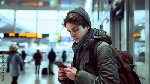 Young male tourist using smartphone in airport