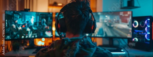 A person with headphones on, facing away from the camera and playing an online video game in front of multiple screens displaying different games. The scene is lit by ambient light, a cozy style