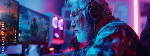 An old man with gray hair and futuristic glasses playing video games on his gaming pc in the background, neon lights, purple blue and orange color grading, cyberpunk style, close up shot photo