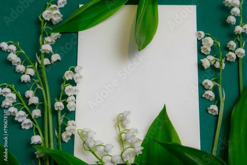 Czysta kartka papieru otoczona konwalią majową, na zielonym tle.  © Katarzyna