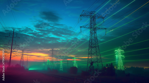 Electric pylons on sunset, Electricity Transmission Towers with Glowing Wires on sunset, Energy supply, distribution of energy, transmitting energy, energy transmission