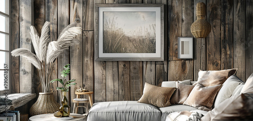 Close-up of poster frame mockup in cozy rustic room setting, 3D render.