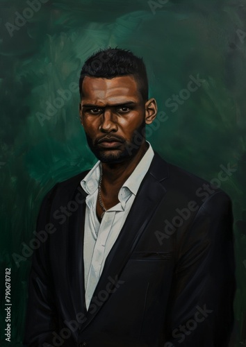 A debonair half-body portrait of an Australian Aboriginal man in a sharp black suit, his expression introspective, against a background of deep forest green