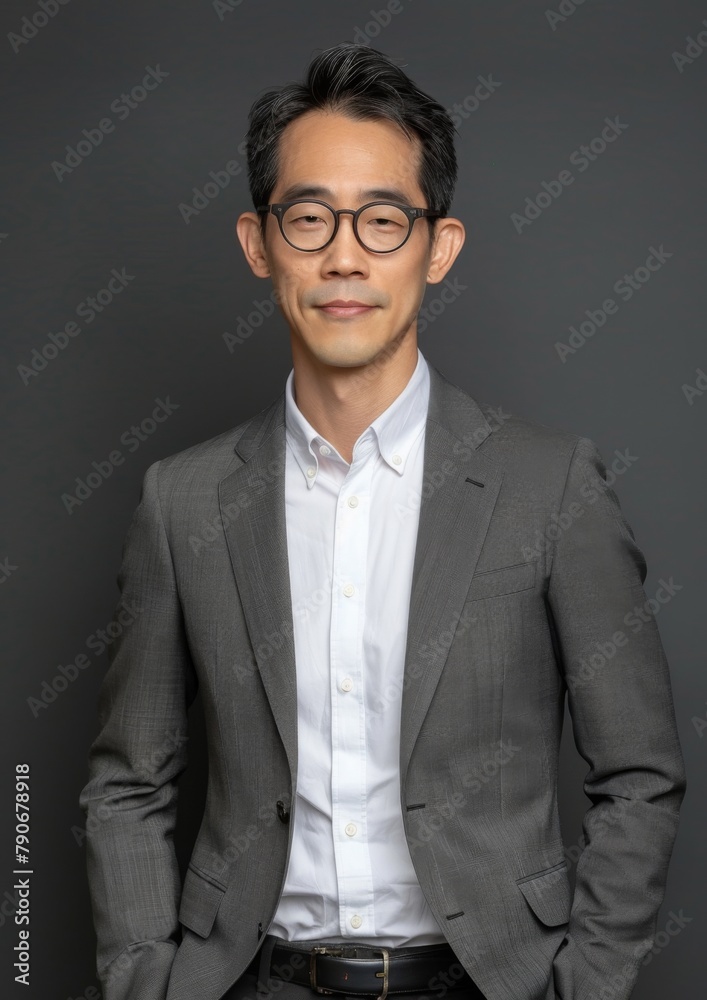 A polished half-body portrait of an East Asian man in a charcoal grey suit and designer glasses, his posture relaxed, against a backdrop of urban steel grey. A polished half-body portrait of an East Asian man in a charcoal grey suit and designer glasses, his posture relaxed, against a backdrop of urban steel grey.