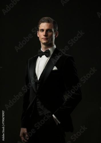 A refined half-body portrait of a Caucasian man wearing a classic black tuxedo, his stance poised and debonair, against a simple black background