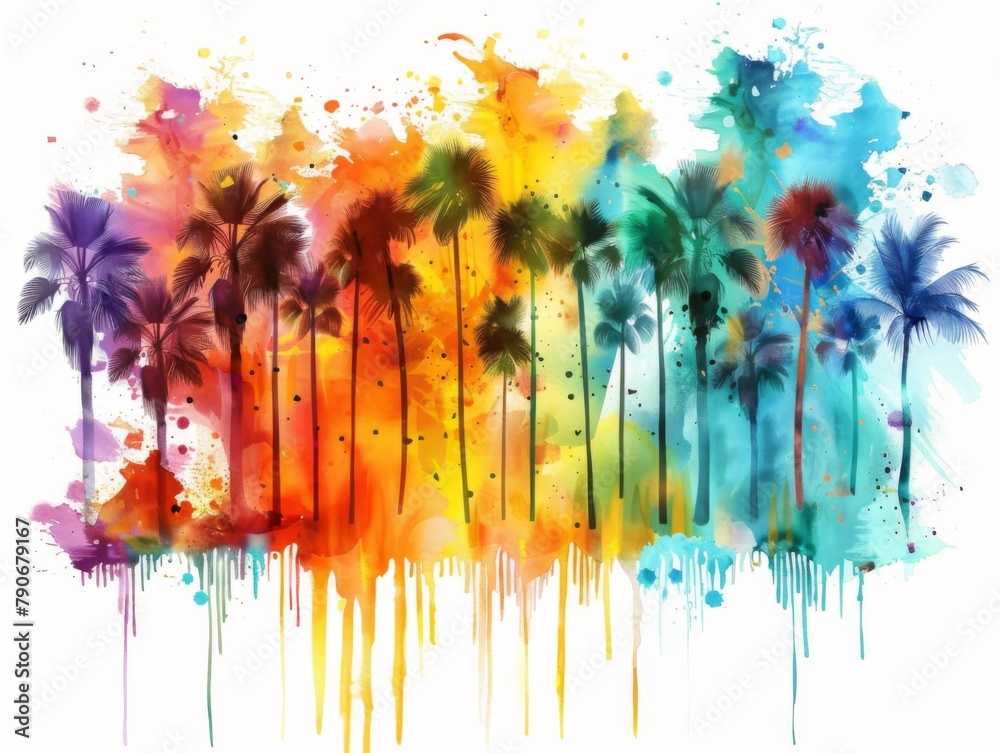 Fototapeta premium An illustration of palm trees swaying in the breeze conjures visions of tropical vacation bliss and sun-kissed relaxation.