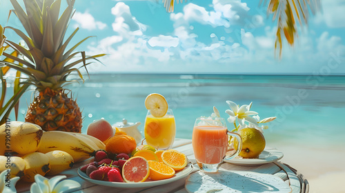 Summer fruit drinks or juice with ocean beach on background ,Glasses of fresh juice and fruits on table near sea
