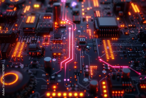 Circuit board with glowing orange and pink neon lights photo