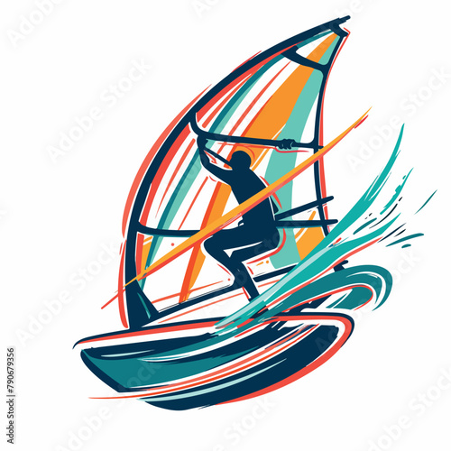 Wind surfing in cartoon, doodle style. Image for t-shirt, web, mobile apps and ui. Isolated 2d vector illustration in logo, icon, sketch style, Eps 10. AI Generative