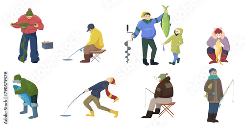 Winter fishing set. Fishermans family catching fish with rod, people in warm clothes standing and sitting on folded chairs, characters drill hole in ice to catch fish cartoon vector illustration