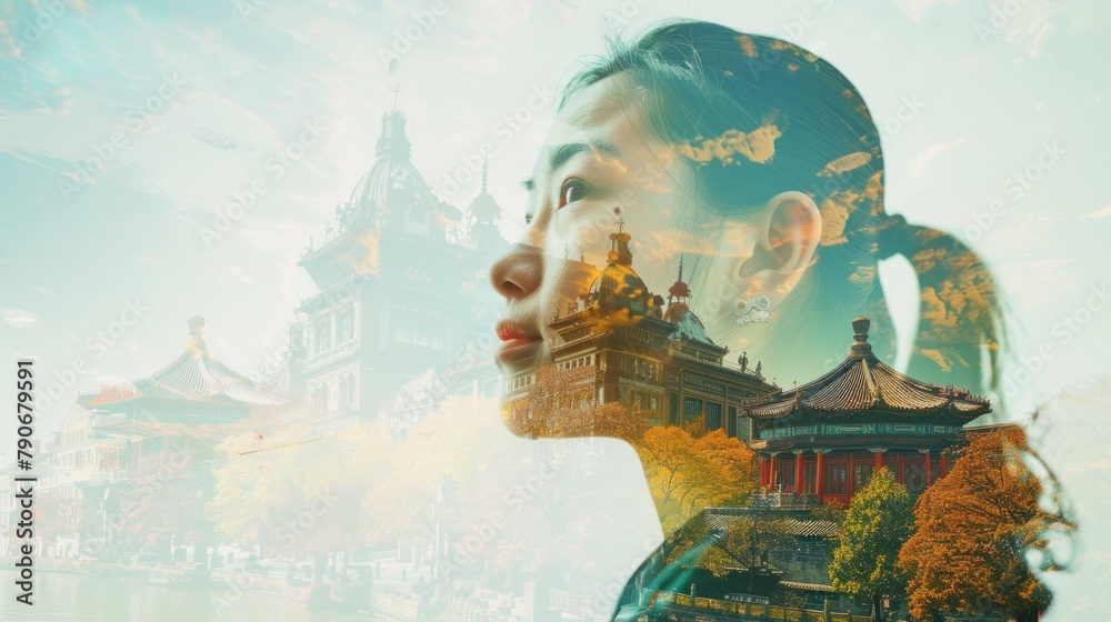 Double exposure photograph of a woman travelling the world