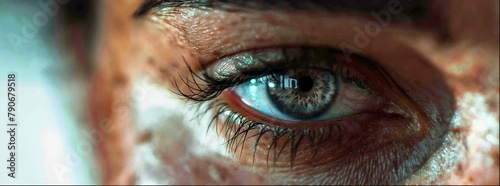 Closeup of an eye, reflecting the depth and intensity. The focus is on one blue brown human eye with eyelashes. There is no background, highlighting only that close up of an open man's eyes