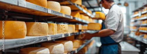 A close-up shot of cheese being aged in the storage shelves, highlighting its quality control process. The man is wearing an apron with blue stripes on his pants as he examines one wheel 
