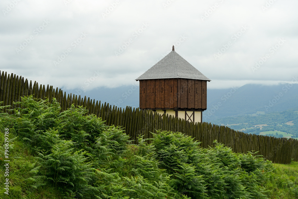 Historic medieval wooden fort with tower near Pyrennes mountains, France