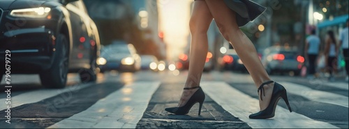 A closeup shot shows a woman s legs in high heels as she walks across an urban crosswalk. Cars and pedestrians are blurred in the background while soft lighting and sharp details