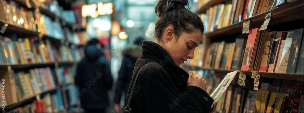 Young woman in black coat, with hair bun and ponytail is looking at books on shelfs inside bookstore . Her face looks focused as she glances around the store's shelves filled with various books. Young woman in black coat, with hair bun and ponytail is looking at books on shelfs inside bookstore . Her face looks focused as she glances around the store's shelves filled with various books.