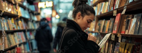 Young woman in black coat, with hair bun and ponytail is looking at books on shelfs inside bookstore . Her face looks focused as she glances around the store's shelves filled with various books.  photo