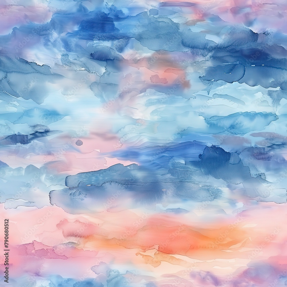 Seamless tile of gentle watercolor sunrises, blending soft pinks and blues across a tranquil sky. Seamless Pattern, Fabric Pattern, Tumbler Wrap, Mug Wrap.