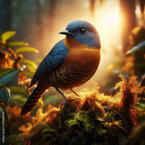 A bird sits on a branch with autumn leaves on the background.Realistic Bird Photography in 8K Ultra © MDShirajul