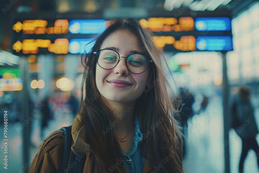 cheerful young woman wearing glasses stands in an airport terminal. Flight information displays glow in the background. She awaits her travel adventure with excitement. Digital nomad concept cheerful young woman wearing glasses stands in an airport terminal. Flight information displays glow in the background. She awaits her travel adventure with excitement. Digital nomad concept