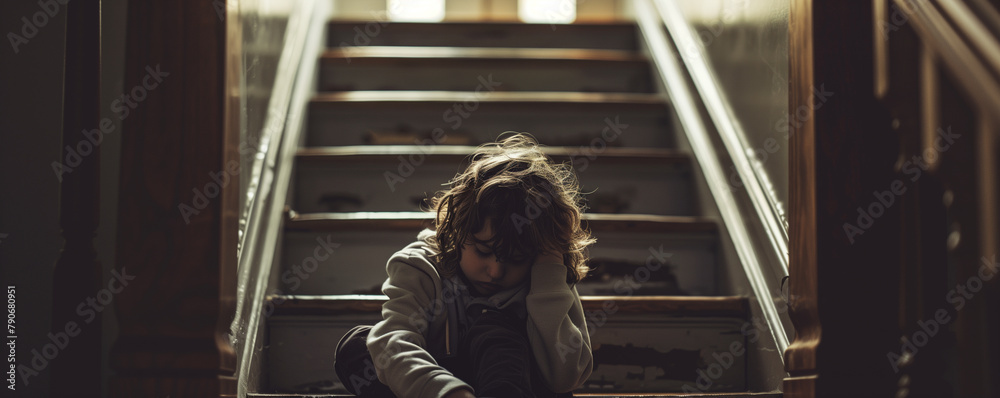 Fototapeta premium child sitting alone on a staircase their eyes downcast and shoulders slumped under the weight of trauma and despair inflicted by domestic violence in their home.