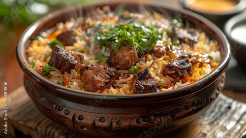 A steaming bowl of fragrant Biryani rice, adorned with vibrant spices and tender meat, beckons with its rich aroma-2