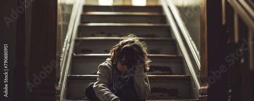 child sitting alone on a staircase their eyes downcast and shoulders slumped under the weight of trauma and despair inflicted by domestic violence in their home.