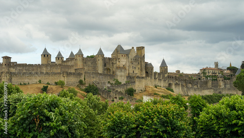 Carcassone castle with ramparts and towers panoramic view, popular tourist landmark in France