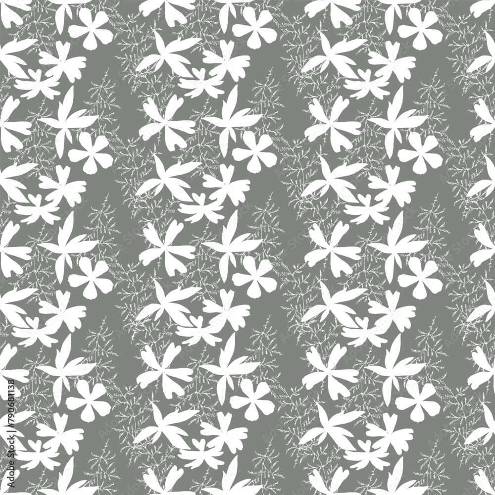 Seamless pattern with white clematis. Hand-drawn flowers on gray background. Beautiful and delicate flowers. Seamless pattern with white clematis. Hand-drawn flowers on gray background. Beautiful and delicate flowers.