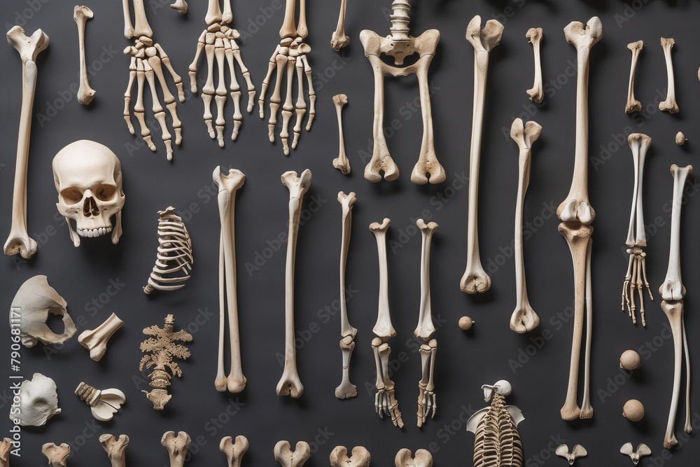 Human Skeleton Bones Arranged on Dark Background. A collection of human bones and skeletons neatly arranged and displayed against a dark background for anatomical study. Human Skeleton Bones Arranged on Dark Background. A collection of human bones and skeletons neatly arranged and displayed against a dark background for anatomical study.