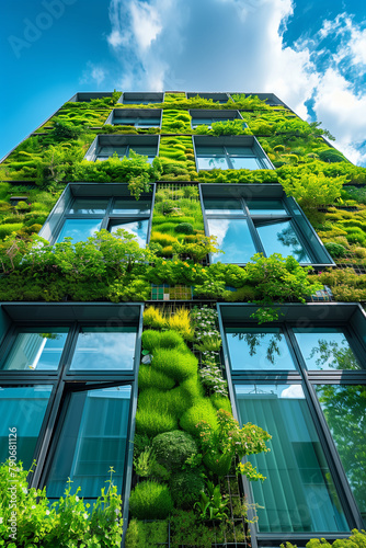 A lush vertical garden blooms on the facade of a modern building against a blue sky, exemplifying urban biophilic design.