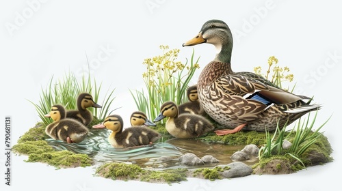 A mother duck and her ducklings are in a pond