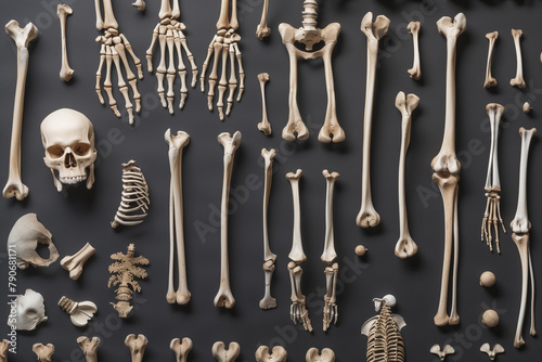 Human Skeleton Bones Arranged on Dark Background. A collection of human bones and skeletons neatly arranged and displayed against a dark background for anatomical study.