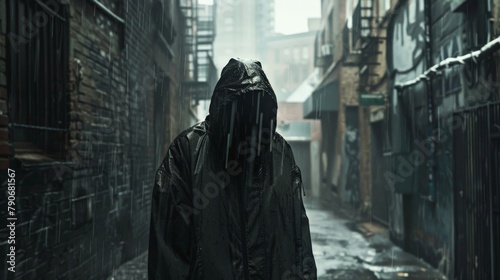 A mysterious hooded figure standing in the rain, face hidden, in a desolate urban alley