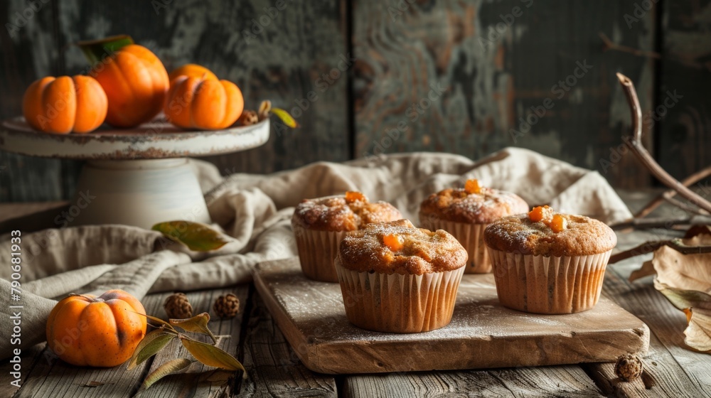 Three muffins and oranges on wooden board Three muffins and oranges on wooden board